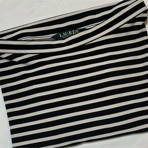 LRL Ralph Lauren Women 1X Short Sleeve Poly Knit Black White Striped Top Stretch